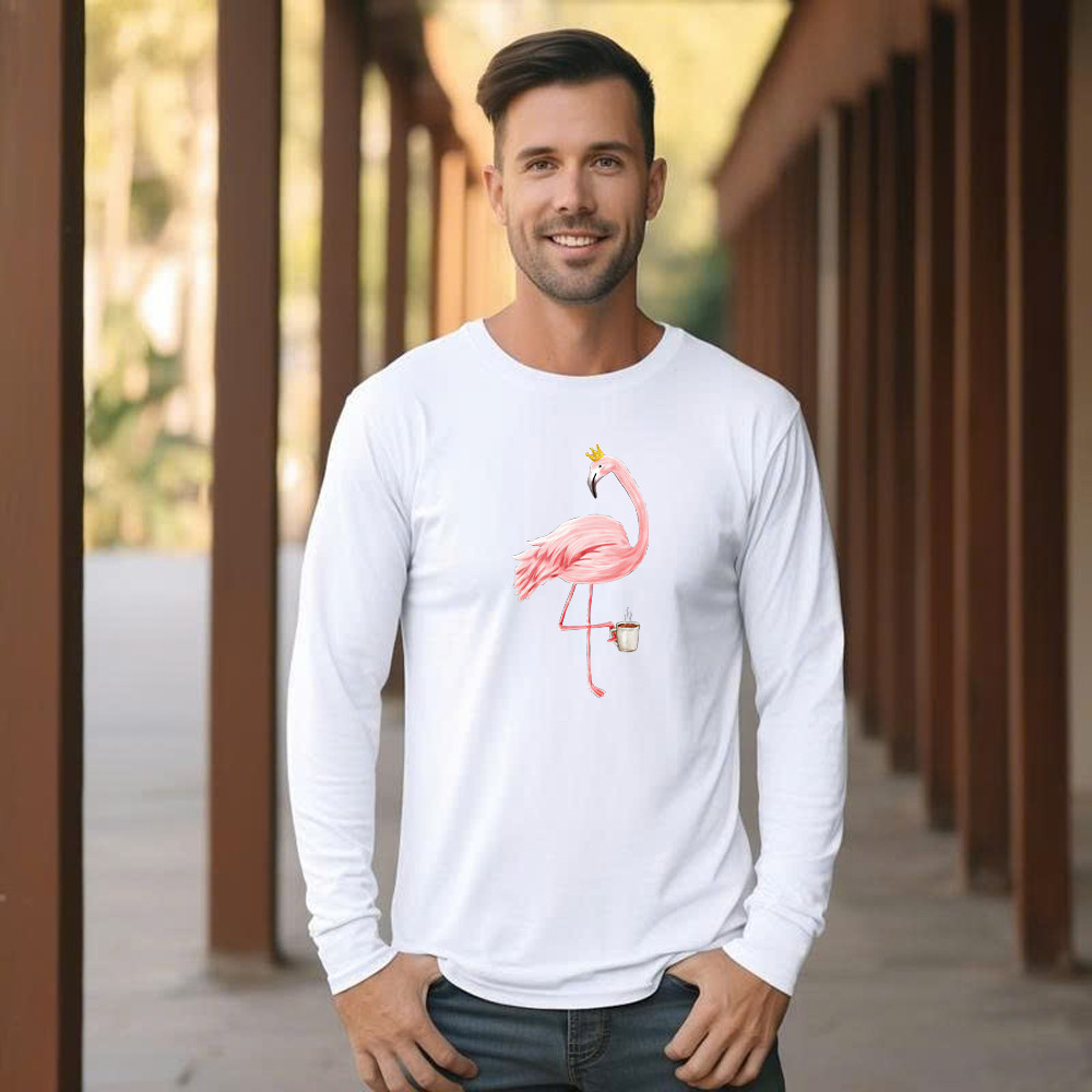 Queen Flamingo With Coffee Shirt Cute Animal Ladies Long Sleeve Shirt Gift For Coffee Lovers